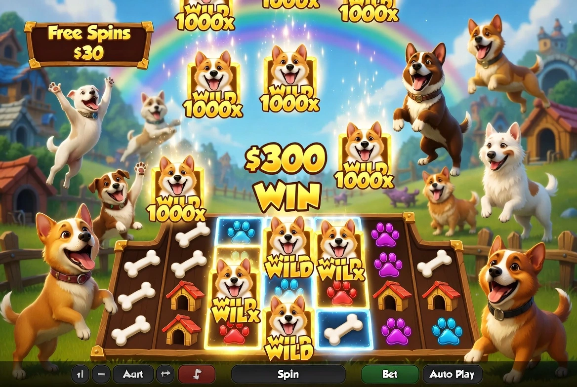 Big win celebration in The Dog House Megaways 1000 with happy cartoon dogs, fireworks and huge 25000x multiplier win