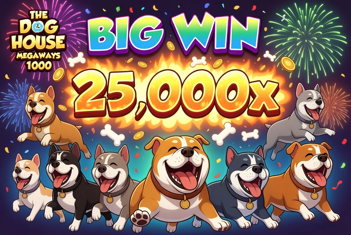 Exciting free spins round in The Dog House Megaways 1000 with raining wild dogs and big multipliers, colorful cartoon animation