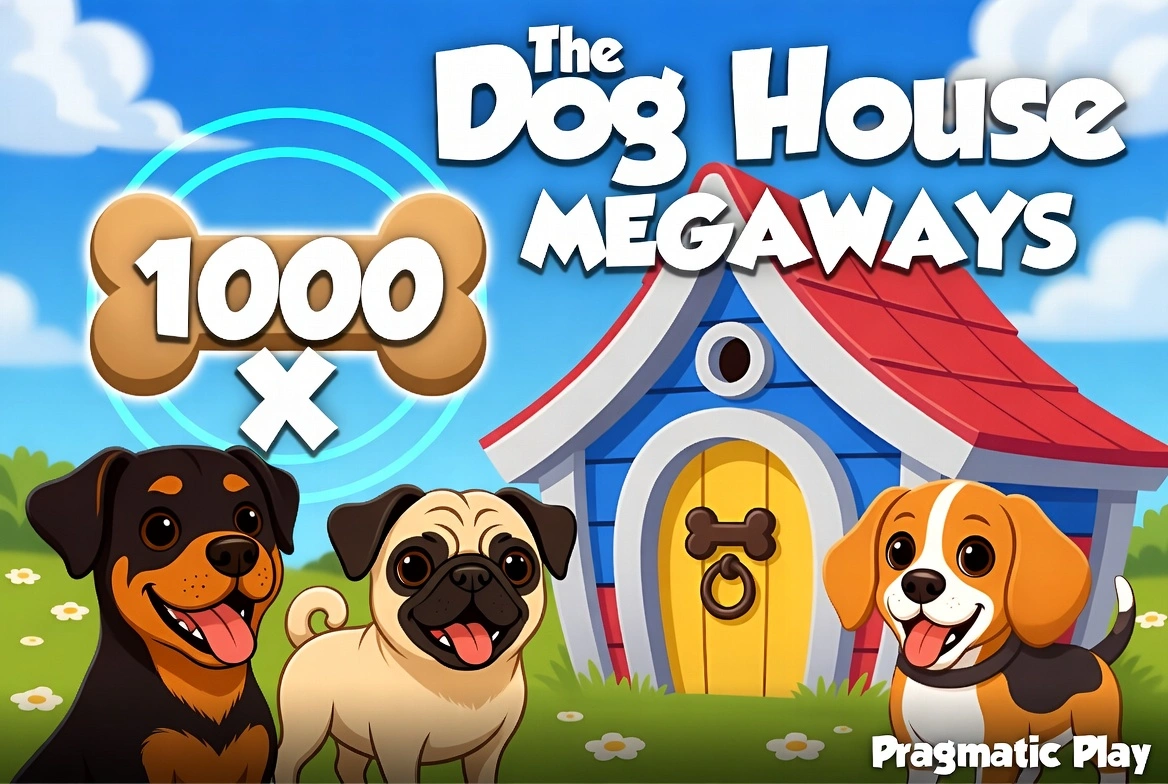 The Dog House Megaways 1000 slot game title screen with cute cartoon dogs in front of colorful dog house, bright and playful Pragmatic Play style