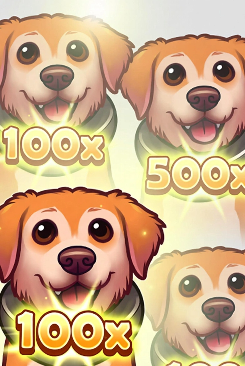 Close-up of wild dog symbols with high multipliers up to 100x in The Dog House Megaways 1000, glowing cartoon style