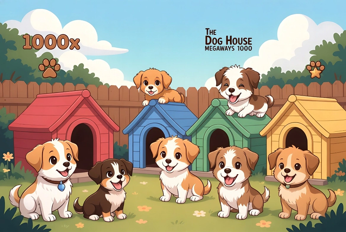 Playful backyard scene with adorable cartoon dogs and colorful dog houses in The Dog House Megaways 1000 game style