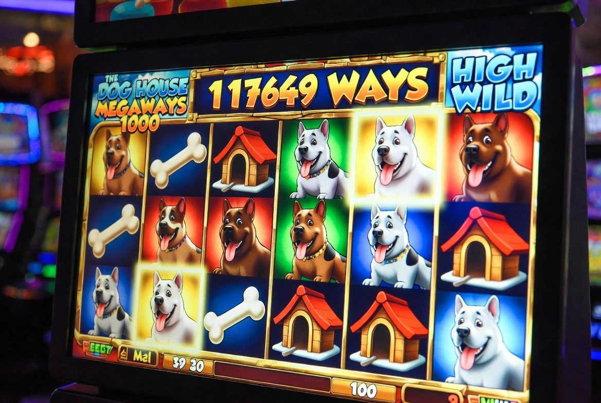 The Dog House Megaways 1000 gameplay grid showing 6 reels with cartoon dog symbols, bones and dog houses, vibrant Megaways slot interface